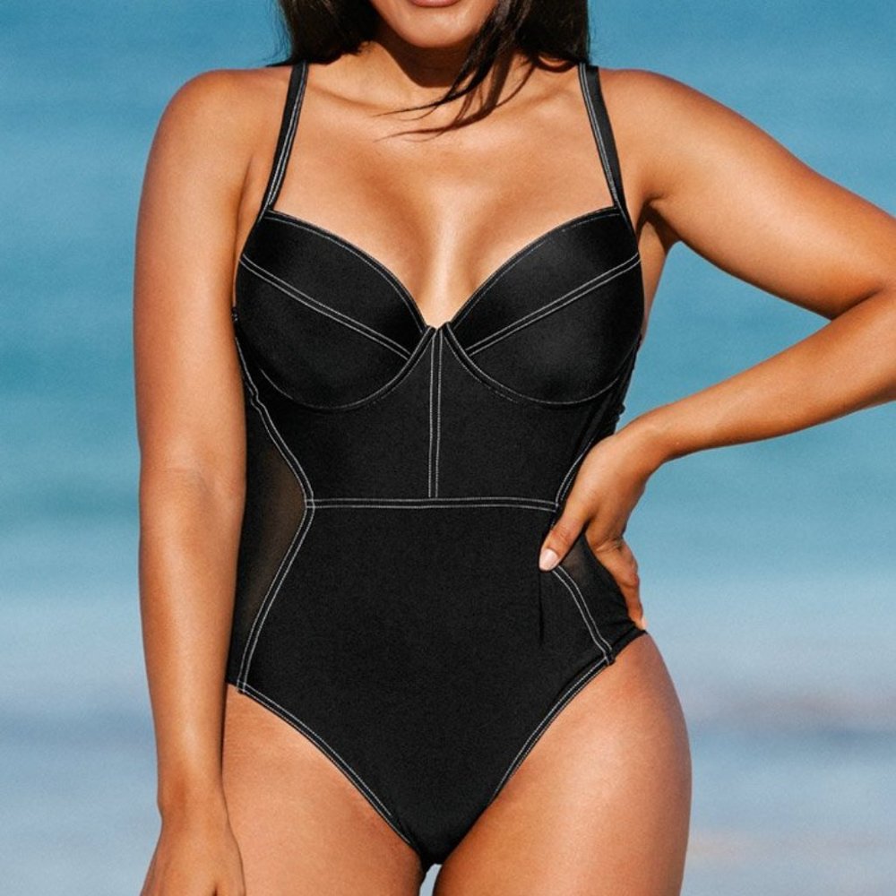 Black/Ivory Contrast Stitched One Piece Swimsuit